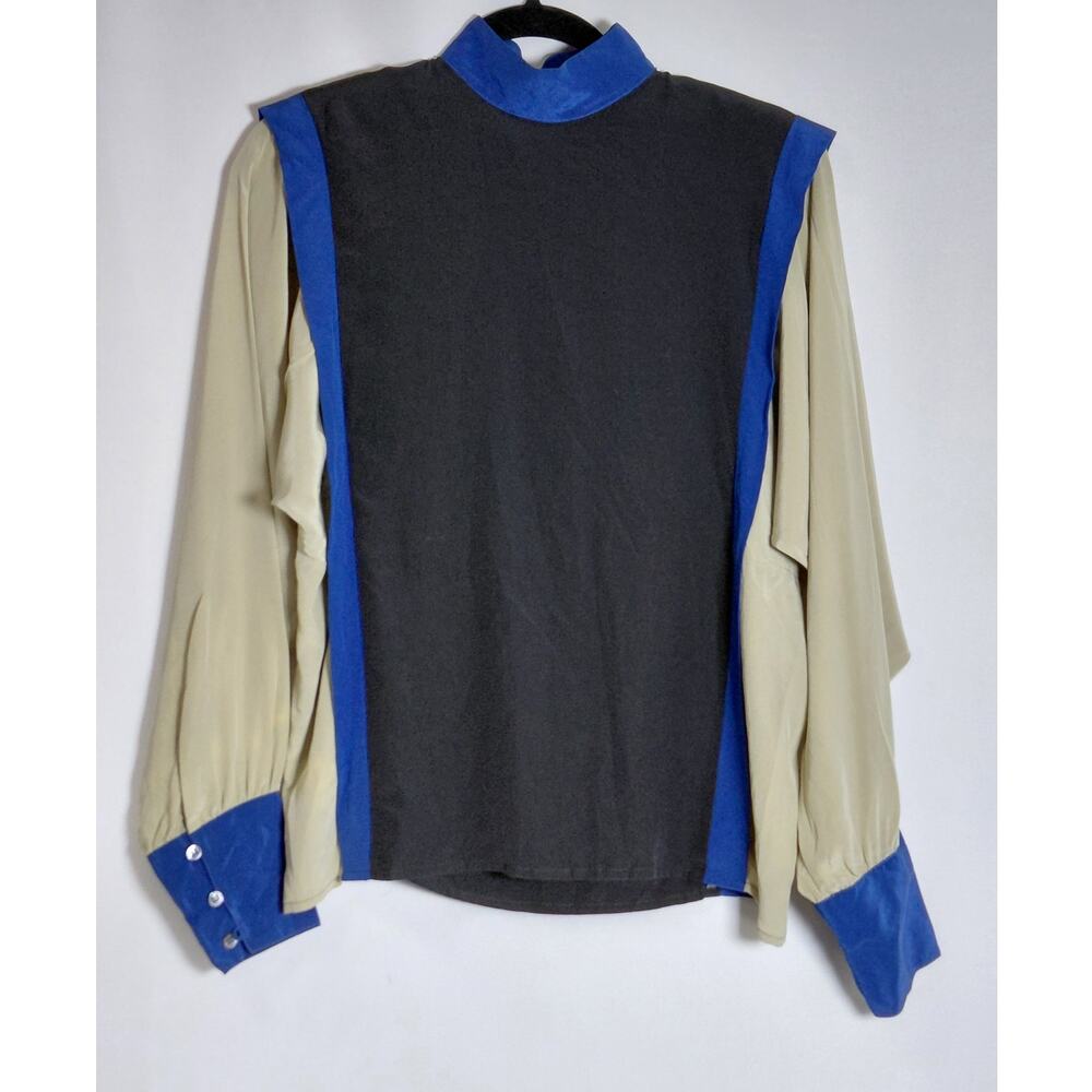 DIANE B Colorblock Top Long Sleeve High Neck 100% Silk Women Size 8